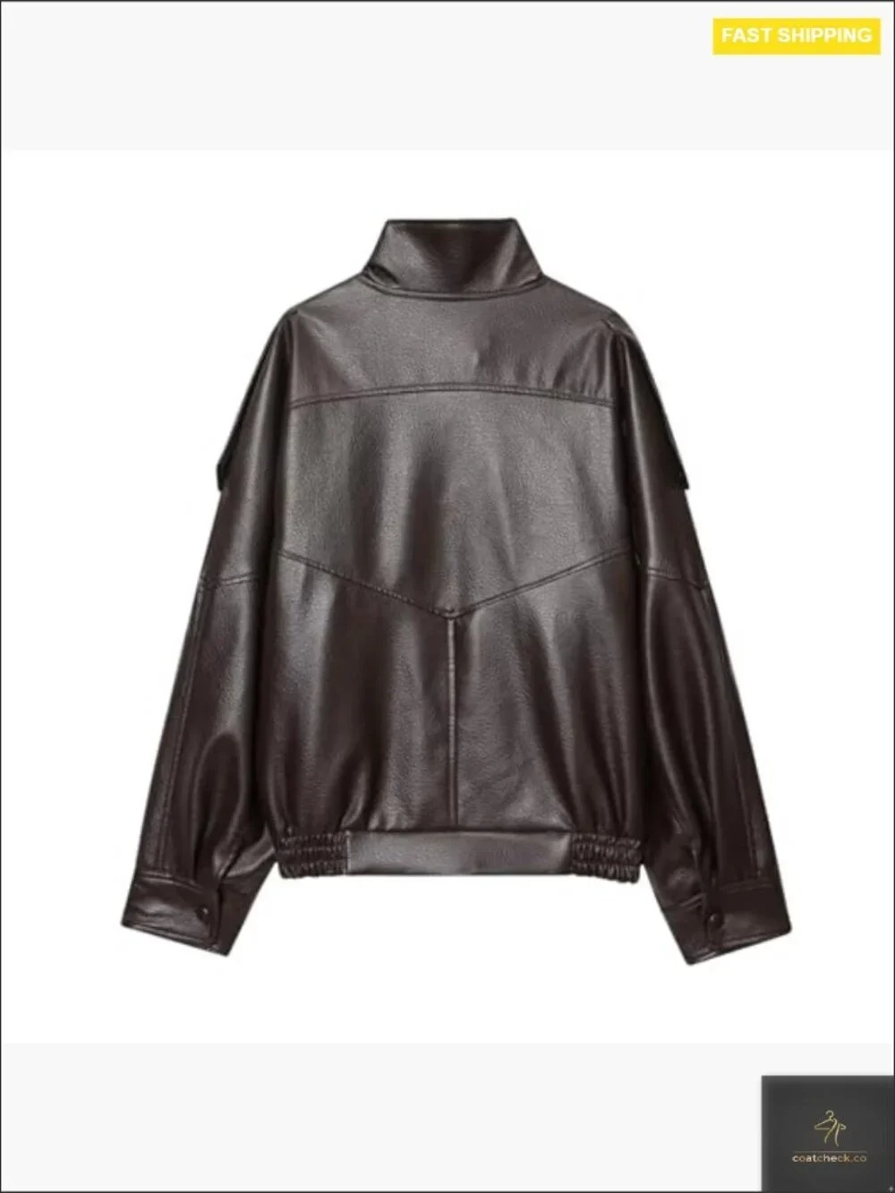 Oversized Faux Leather Jacket Motorcycle Coat Long Sleeve High Collar Zip Up